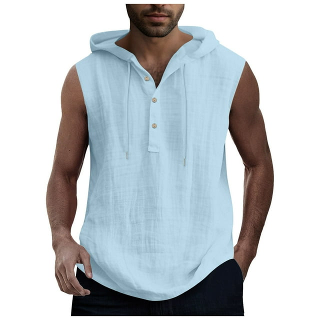 Qopobobo Mens Tank Top Mens Solid Color Simple Csual Fashion Drawstring Button Hooded Vest Top Light Blue,M