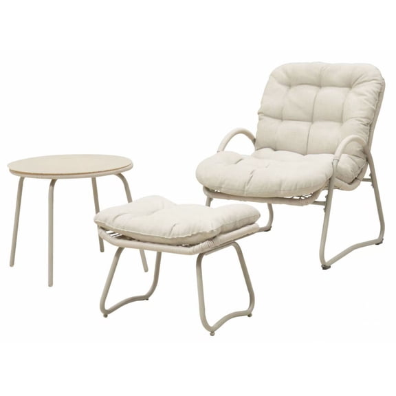CQSXDA 3-Piece Ergonomic Off-White Lounge Chair with Ottoman and Round Table Set in Beige for Outdoor Patio and Beach Relaxation