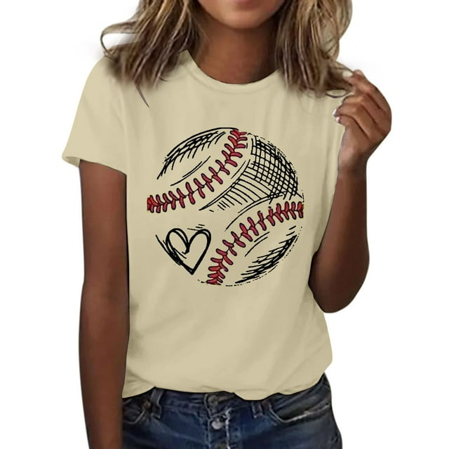 T-Shirt à Manches Courtes pour Femmes Liquidation Chemises en Fibre de Polyester pour Femmes Mode Décontractée Imprimé Baseball Col Rond T-Shirt à Manches Courtes