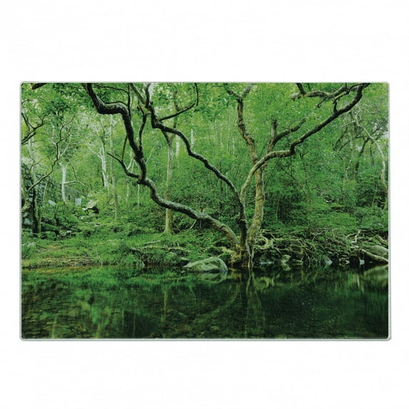 Green Cutting Board, Forest Moss Leaves Nature Themed Isolated Jungle Image Photo Print, Decorative Tempered Glass Cutting and Serving Board, Small Size, Forest Green Dark Brown, by Ambesonne