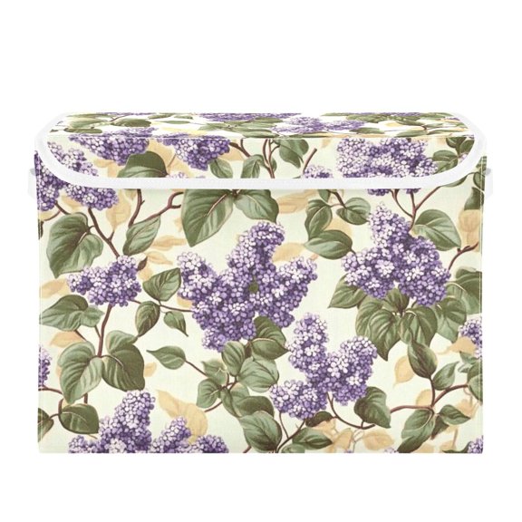 Purple Flowers and Leaves Large Storage Bins with Linen Collapsible Lid Storage Box 16.7 x 12.6 x 11.8in