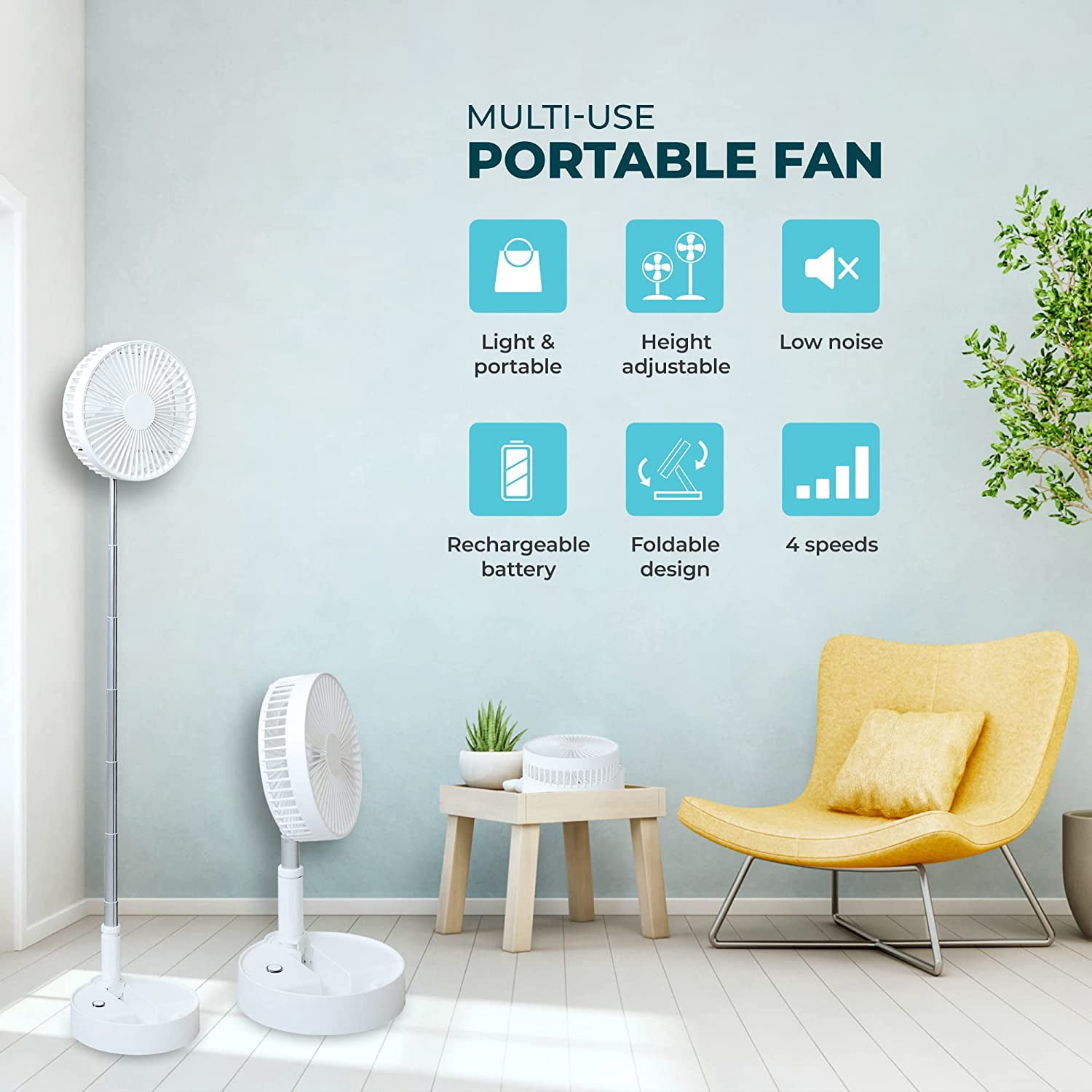 Portable Foldable Rechargeable Fan - 9" 7200mah Battery Operated USB C Small Fan Remote, Quiet Table Desk Fan Folding Standing Pedestal Fans for Camping Travel Outdoor Home (White)