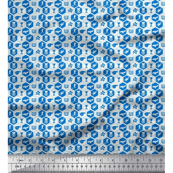 Soimoi Blue Heavy Satin Fabric Airplane,Trophy & Geometric Symbol Printed Fabric 1 Yard 54 Inch Wide