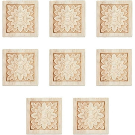 8pc Rubber Wood Carved Onlay Applique Center Flower Long Applique for Door Cabinet Bed Unpainted Decor European Style Square with Flower Blanched Almond 60x60x6.5mm