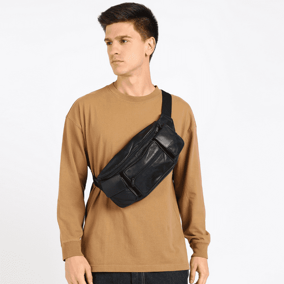 Leatherboss Genuine Leather Jumbo Fanny Pack with 2 Side Pockets