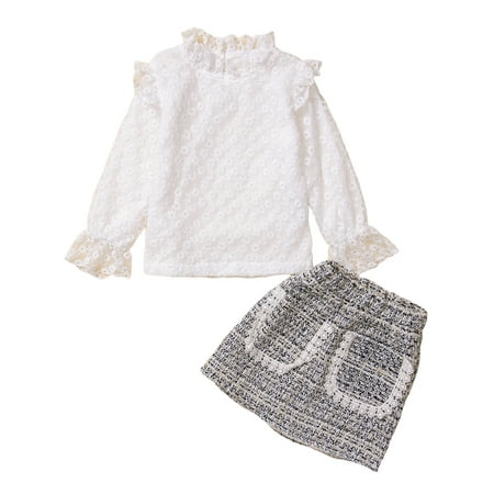 

uukiA 9-24 Months And 2-4 Years Toddler Baby Girl Long Sleeved Lace Half High Collar Blouse And Check Skirt Fashionable 2PCs Outfits Set