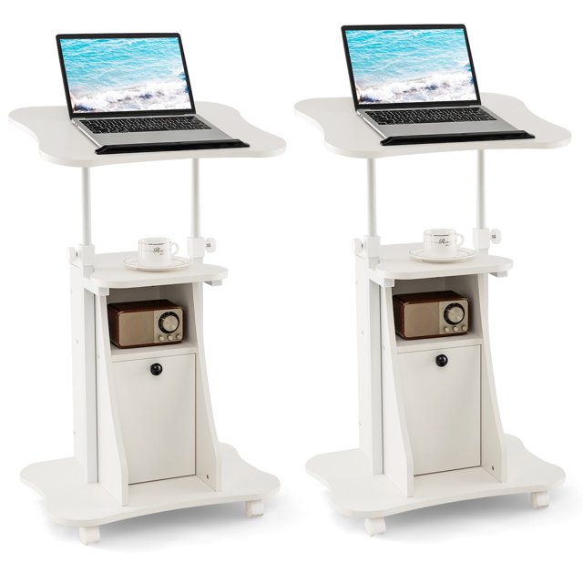 Costway Lot de 2 Pupitres Mobiles Support de Bureau Chariot pour Ordinateur Portable avec Rangement Hauteur Réglable Blanc