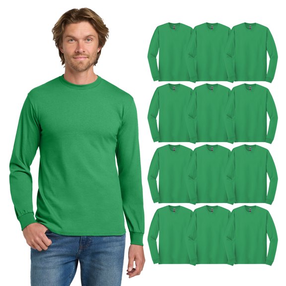Gildan Heavy Cotton Men Long Sleeve T-Shirt, Classic Fit Crewneck 12 Pack Irish Green Tee Bulk, L