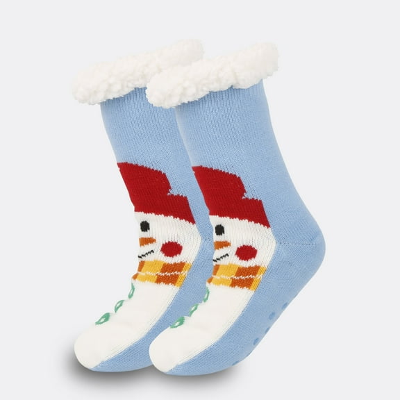 workcargo Kids Christmas Socks - Warm Acrylic Non-Slip Kids Socks with Cute Snowman Design, Multicolor Fluffy Cuff Festive Winter Socks for Kids (1 Pair),Size Free Size