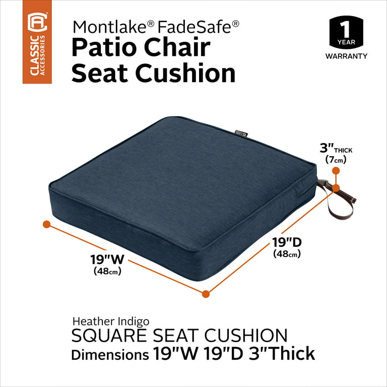 Classic Accessories Montlake FadeSafe Square Patio Dining Seat Cushion - 3  Thick - Heavy Duty Outdoor Patio Cushion with Water Resistant Backing,  Heather Indigo Blue, 23W x 23D x 3T 