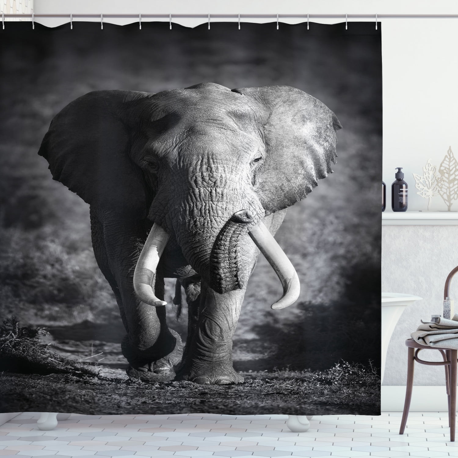 Black Elephant Prints Bathing Deco Shower Curtain Plastic Bath Curtain Art 