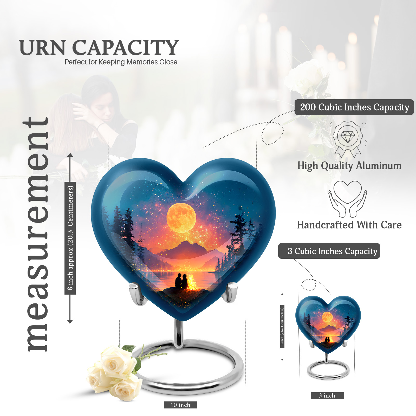 KARYLIZ Campfire Urn - Heart Shaped Memorial Urn for Family - Ash Container for Couple Under Moon - Couple Under Moon Cremation Box - Urns for Male Female - Ocean Blue Urns for Male & Female - 8 Inch