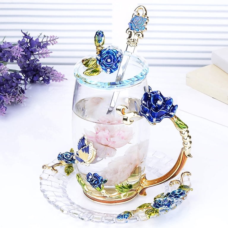 Affogato Glass Flower Tea Cup,Coffee Mugs with Lid, Coaster, Spoon for  Party 18oz 350ml Blue - Walmart.com