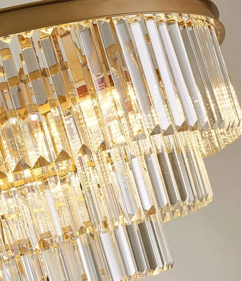 31.5" Round Postmodern Crystal Flush Mount Ceiling Light with Remote - 5-Tier Transparent K9 Prisms & Gold Iron Finish for Living Room/Bedroom
