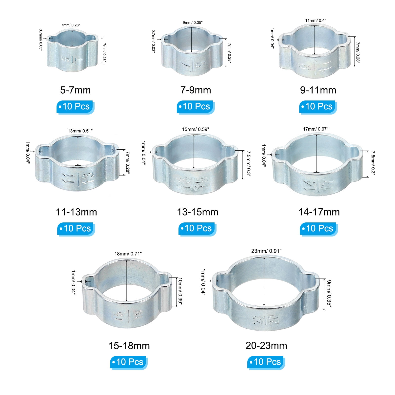 Uxcell Double Ear Hose Clamp Set, 80 Pack 8 Sizes Galvanized Steel O Clip Crimp Rings