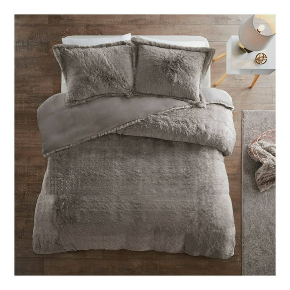 Full/Queen Leena 3pc Shaggy Faux Fur Duvet Cover Set Gray