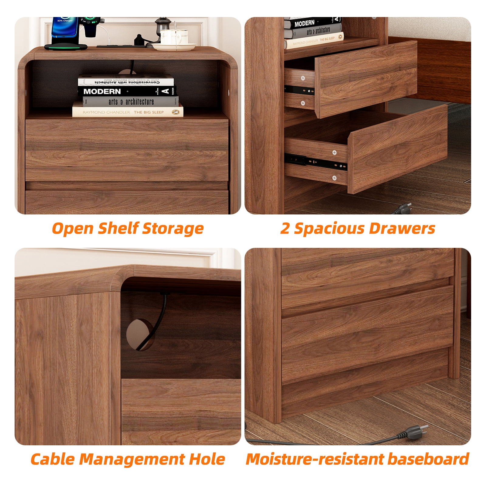 Hommoo 25" Tall Modern Wooden Nightstand Bedside Table with 2 Storage Drawers, Charging Station & Curved Profile Design, Mid Century End Table for Bedroom, Living Room, Walnut