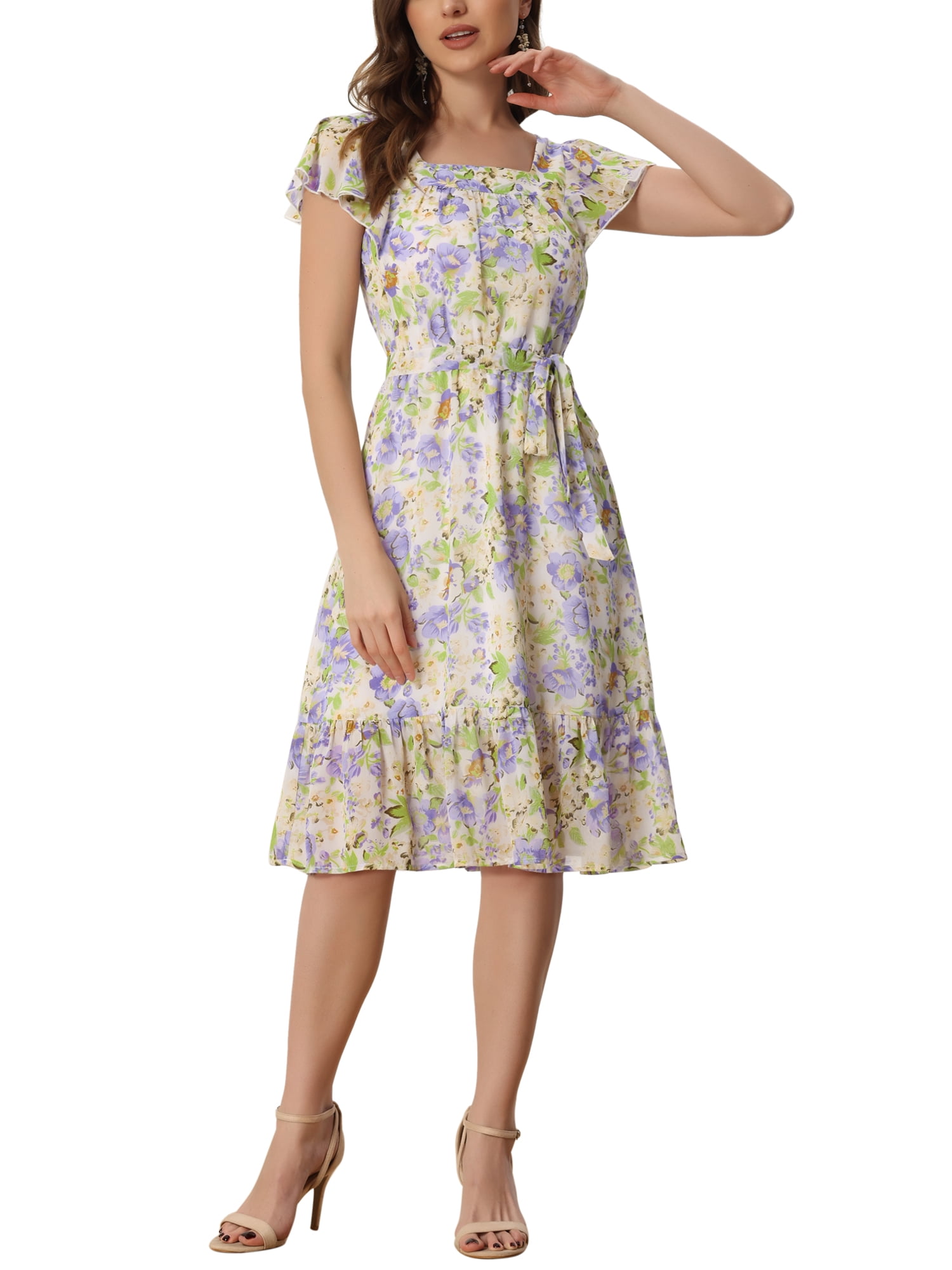 DARING DIVA Square Neck Flutter Sleeve A-Line Midi Dress XL Light Purple