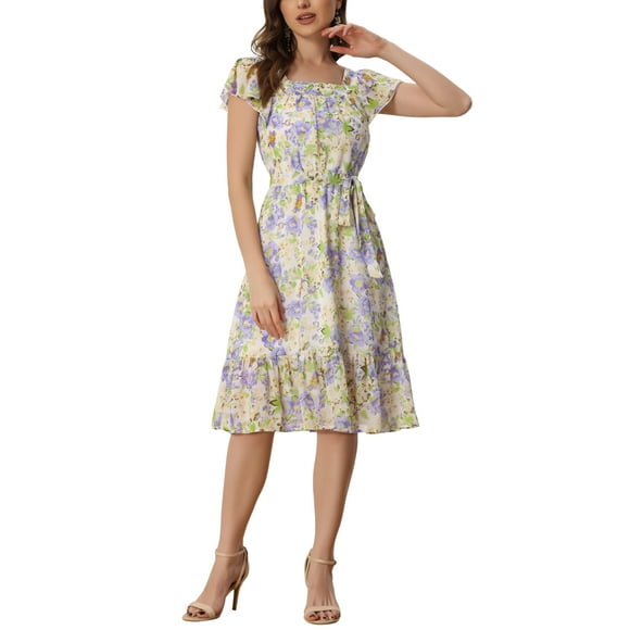 INSPIRE CHIC Women's Dress Floral Square Neck Flutter Cap Sleeves Ruffled Midi Wedding Guest Dress S Light Purple