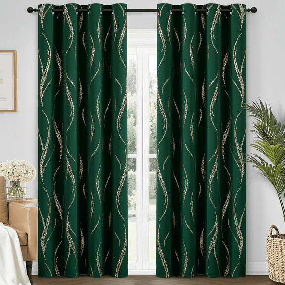 Yakamok Blackout Curtains for bedroom - Wave Line with Dots Gold Print Design Noise Reducing Thermal Insulated Ring Top Blackout Window Drapes for Livingroom (2 Panels, 52 x 84Inch, Emerald Green)