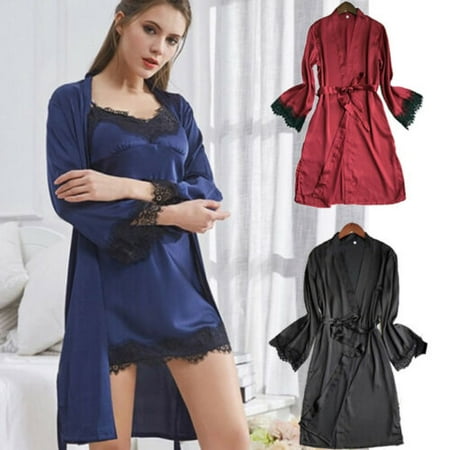 

Pudcoco Womens Sexy Silk Satin Pajamas Sleepwear Vintage Midi Robes Night Gown S-XL