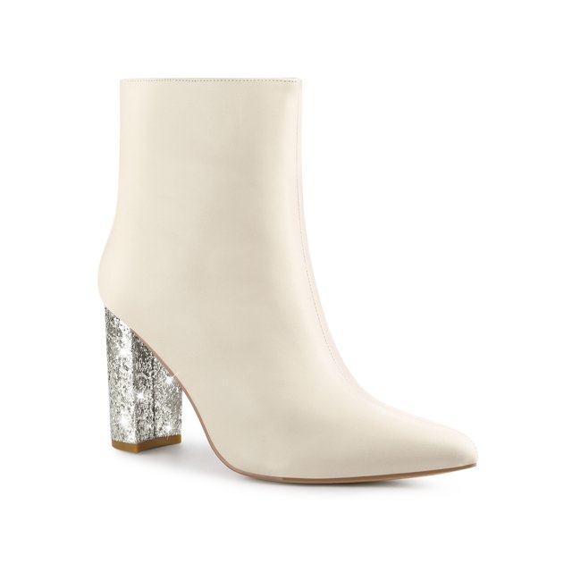 BLISSFUL STEP Glitter Heel Zipper Block Heels Ankle Boots for Women Cream 7