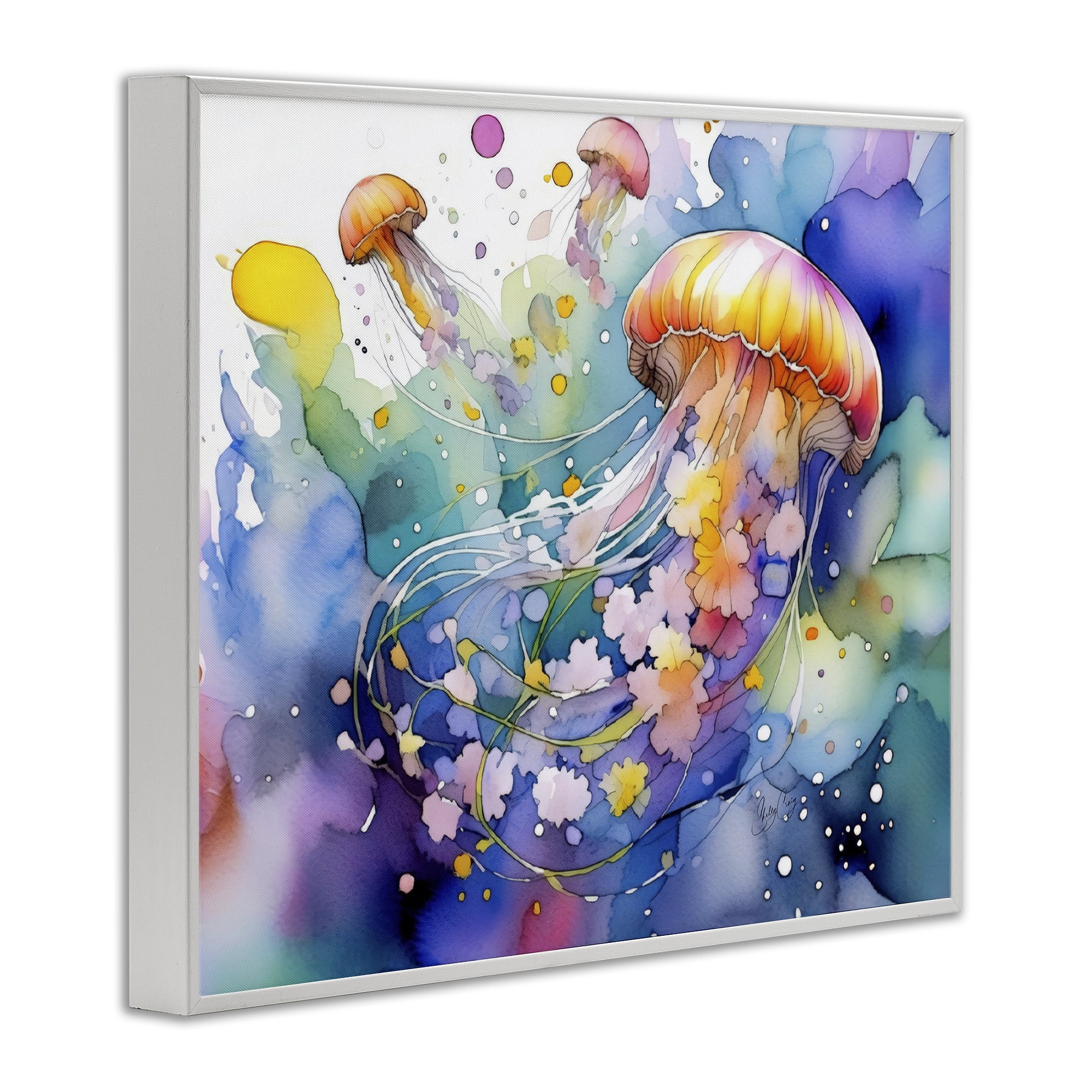 Stupell Industries Neon Jellyfish Underwater White Framed Giclee Art, design by Shelly Craig