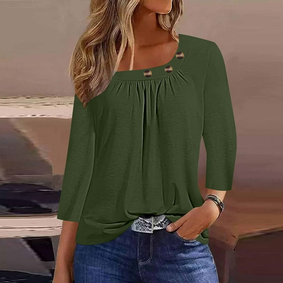 hxobax Womens Square Neck Tshirts Summer Tops Button Tunic Shirts 3/4 Sleeve Pleated Pullover Blouse
