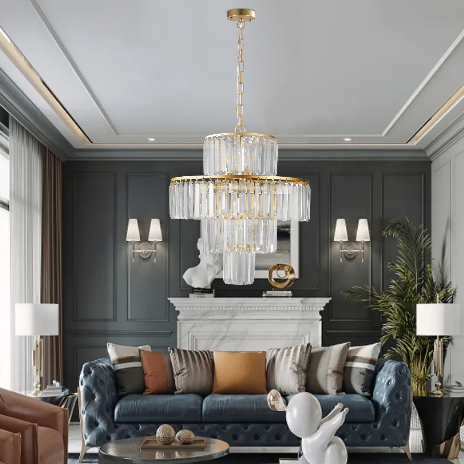 Gold Crystal Chandelier, 12-Light 4 Tiers 19.7" Crystal Light, Adjustable Hanging Metal Ceiling Lighting Fixture, Modern Foyer Dining Room Chandeliers for Bedroom,Hallway,Kitchen