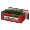 thumbnail image 3 of Household Essentials Ornament Storage Box, 36 Piece with Dividers, Sturdy and Stackable with Handles and Clear Plastic Window, Red Polyester Linen with Green Trim 551RED, 3 of 11