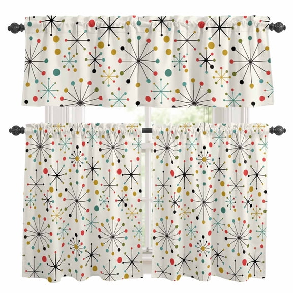 Middle Century Kitchen Curtains Sets for Windows 24 Inch Length, Geometric Modern Abstract Vintage Rod Pocket Window Treatments Tier Curtains and Valances Set for Bedroom/Bathroom