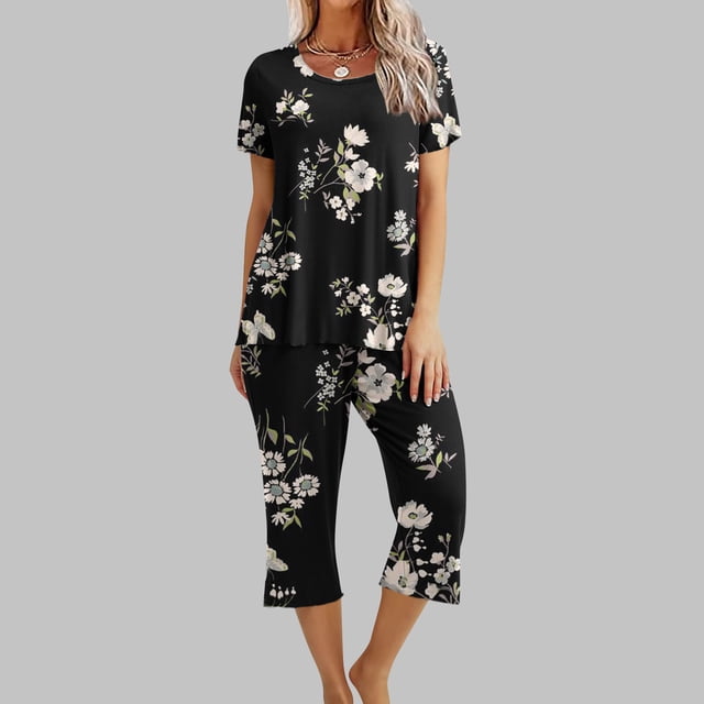 Fiogavroetic Ensemble de Pyjama à Manches Courtes et Col Rond Imprimé pour Femmes avec Poches