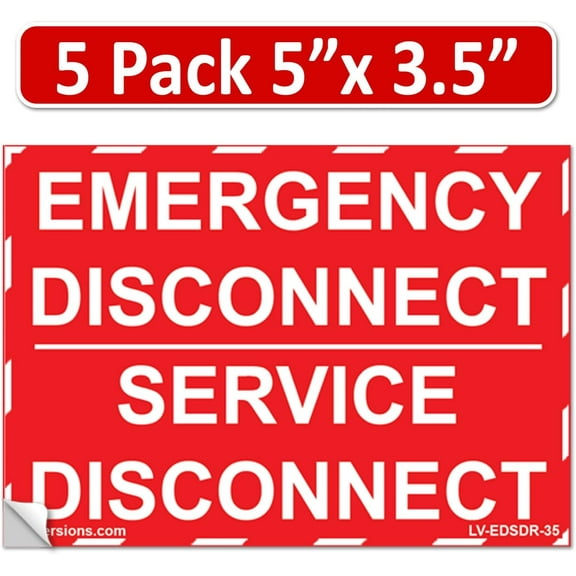 5-Pk 5"x 3.5" Red Emergency Disconnect Service Label Sign Sticker Vinyl Electrical NEC compliant