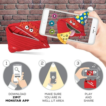 ZIPIT Talking Monstar Large Pencil Case, Holds up to 60 Pens, Made of One Long Zipper! (Red)