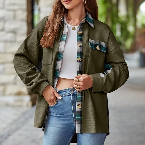 Camisa con botones para mujer chaqueta de punto a cuadros con retazos cómoda camisa para otoño e invierno