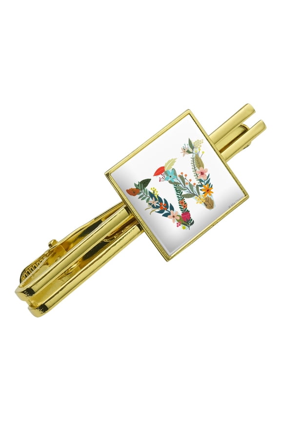 Letter W Floral Monogram Initial Square Tie Bar Clip Clasp Tack- Silver or Gold