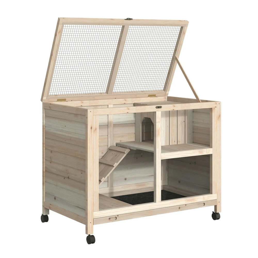 Spaco Rabbit Hutch with Wheels, Desk and Side Table Sized, Wooden Rabbit Cage, Waterproof Small Bunny Cage for Indoor & Outdoor, Beige