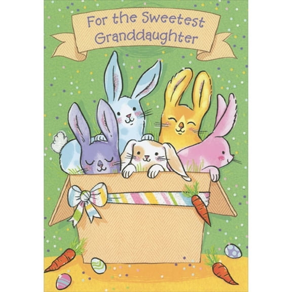 Designer Greetings Five Rabbits Inside Box with Sparkling Striped Ribbon Juvenile Easter Card for Young Granddaughter