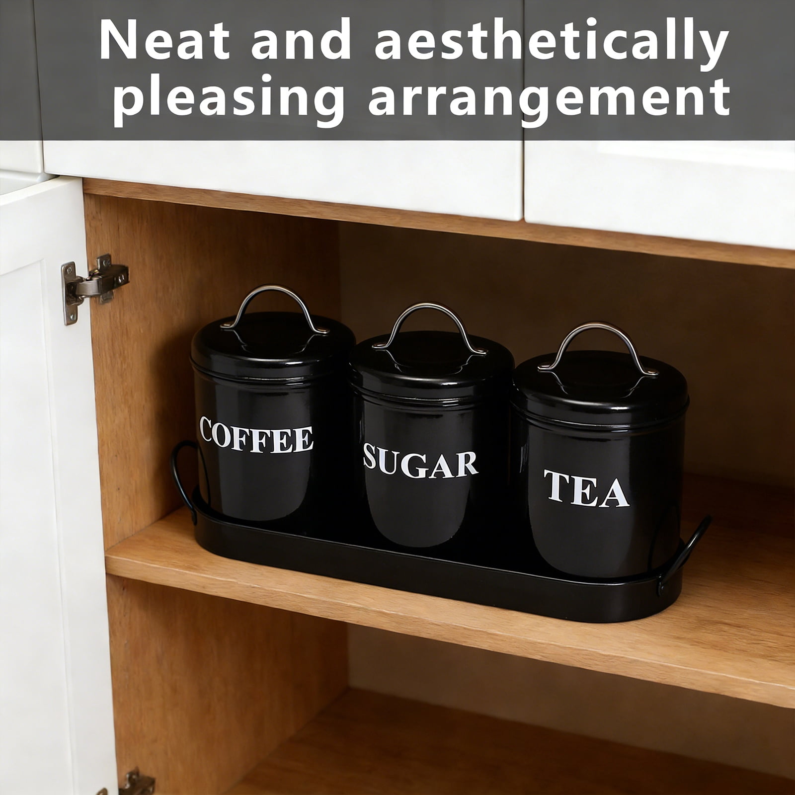 Pethiy Coffee Container Set, 3Pcs Black Metal Airtight Canisters with Lids & Serving Tray, Sealed Storage Jars for Coffee, Tea & Sugar, Kitchen Countertop Organization