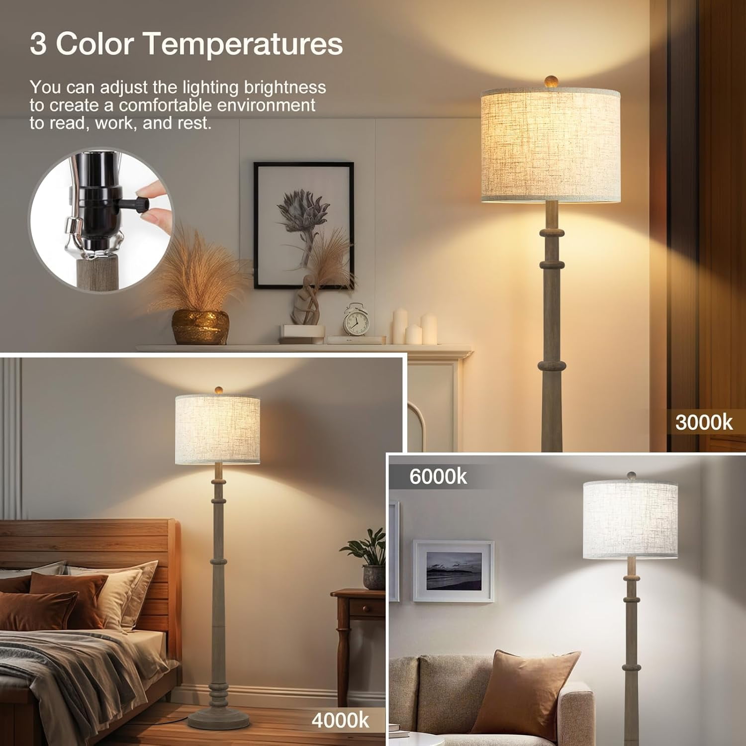 Floor Lamps for Living Room - 60" Resin Farmhouse Floor Lamp with Adjustable Color Temperatures - Vintage Standing Lamp Reading Light with Linen Shade Retro Tall Lamp for Bedroom Office, Black