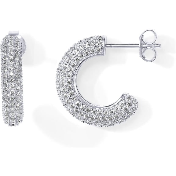 14K Gold Plated 925 Sterling Silver Post Cubic Zirconia Chunky Hoop Earrings | Thick Lightweight Gold Hoop Earrings for Women | Fully Studded Hoop Earring