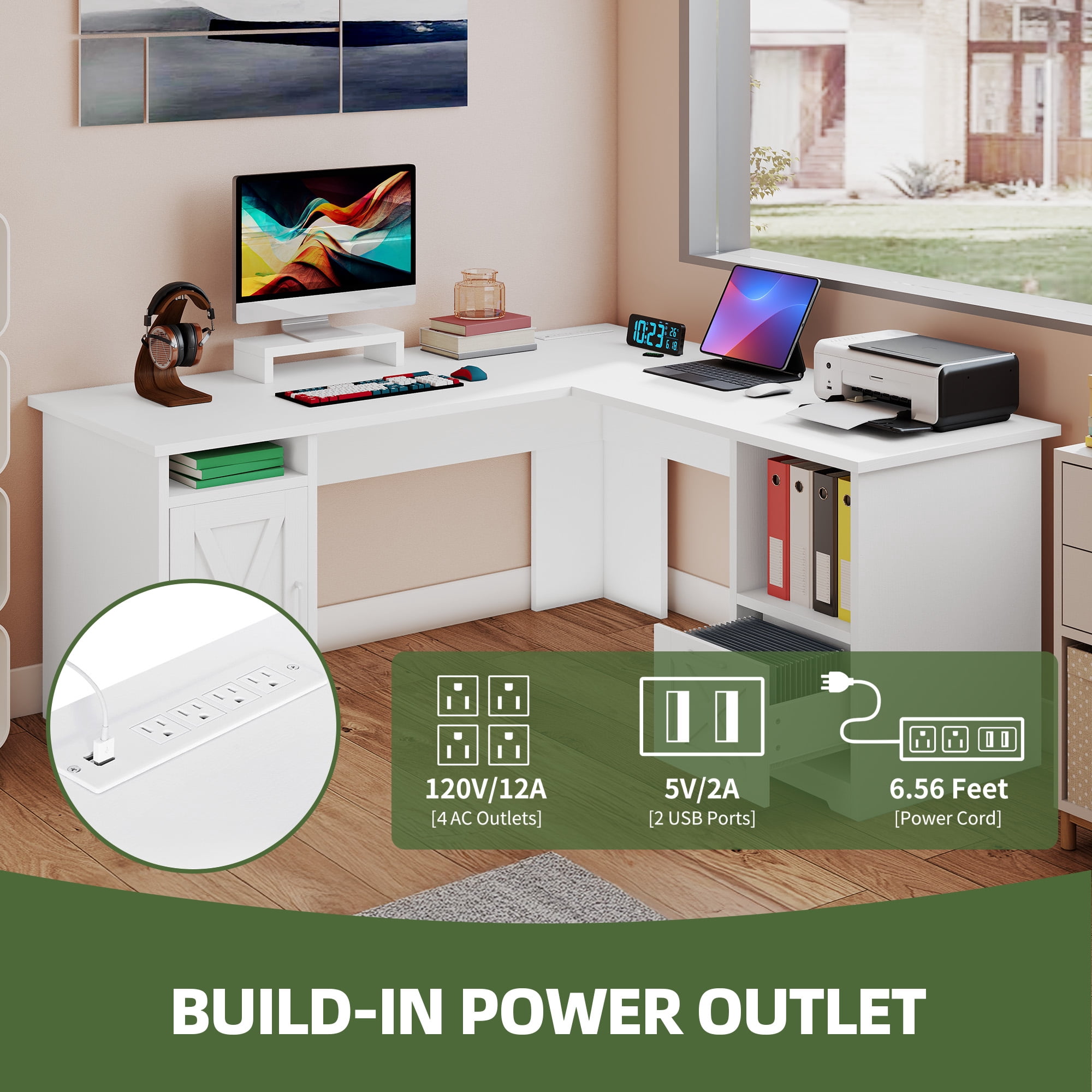 Uforic 59" L Shaped Desk with Power Outlets,Large Computer Desk with Drawers, Home Office Desk,White