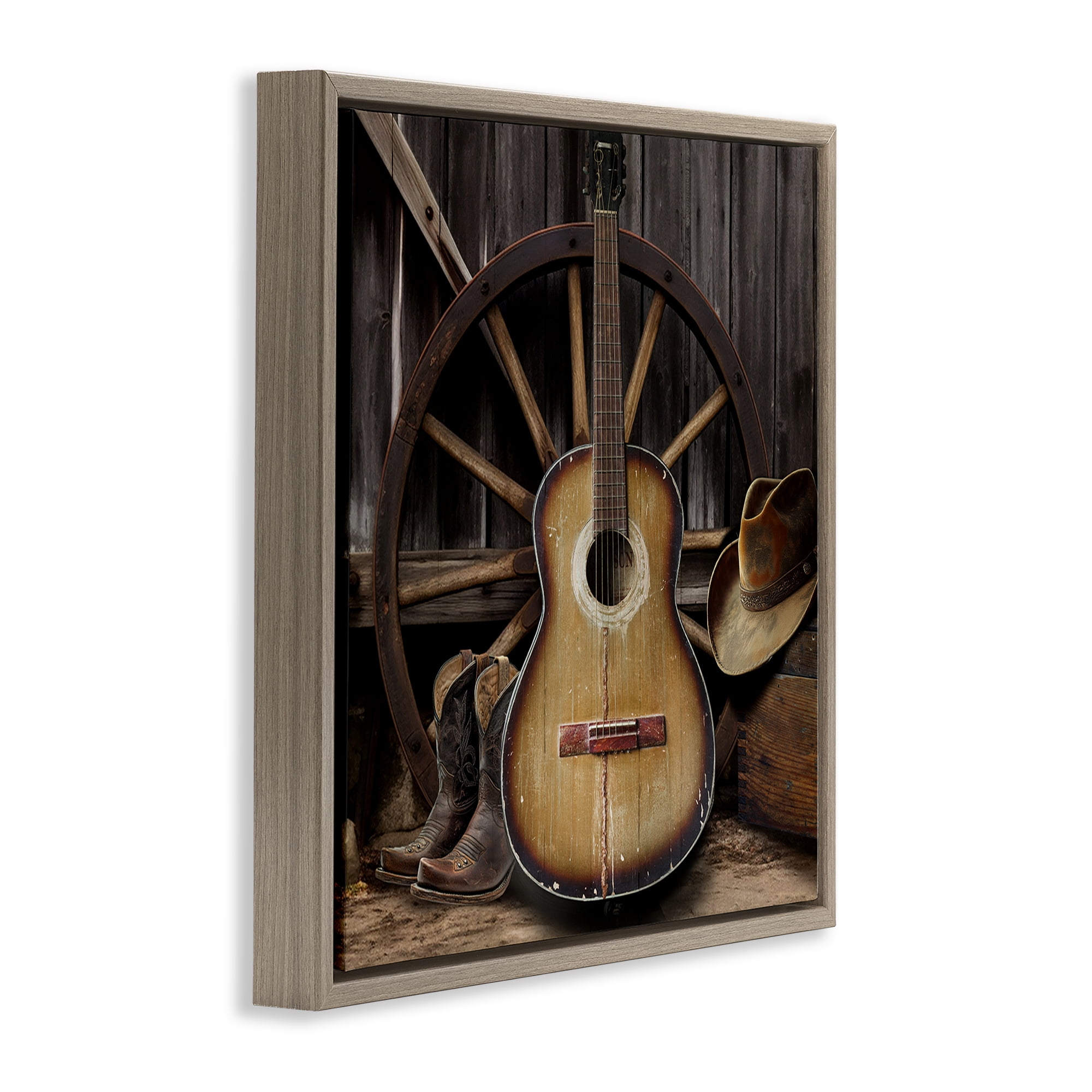Stupell Industries Rustic Western Guitar with Hat Brown Framed Floater Canvas Wall Art, design by CAD Designs