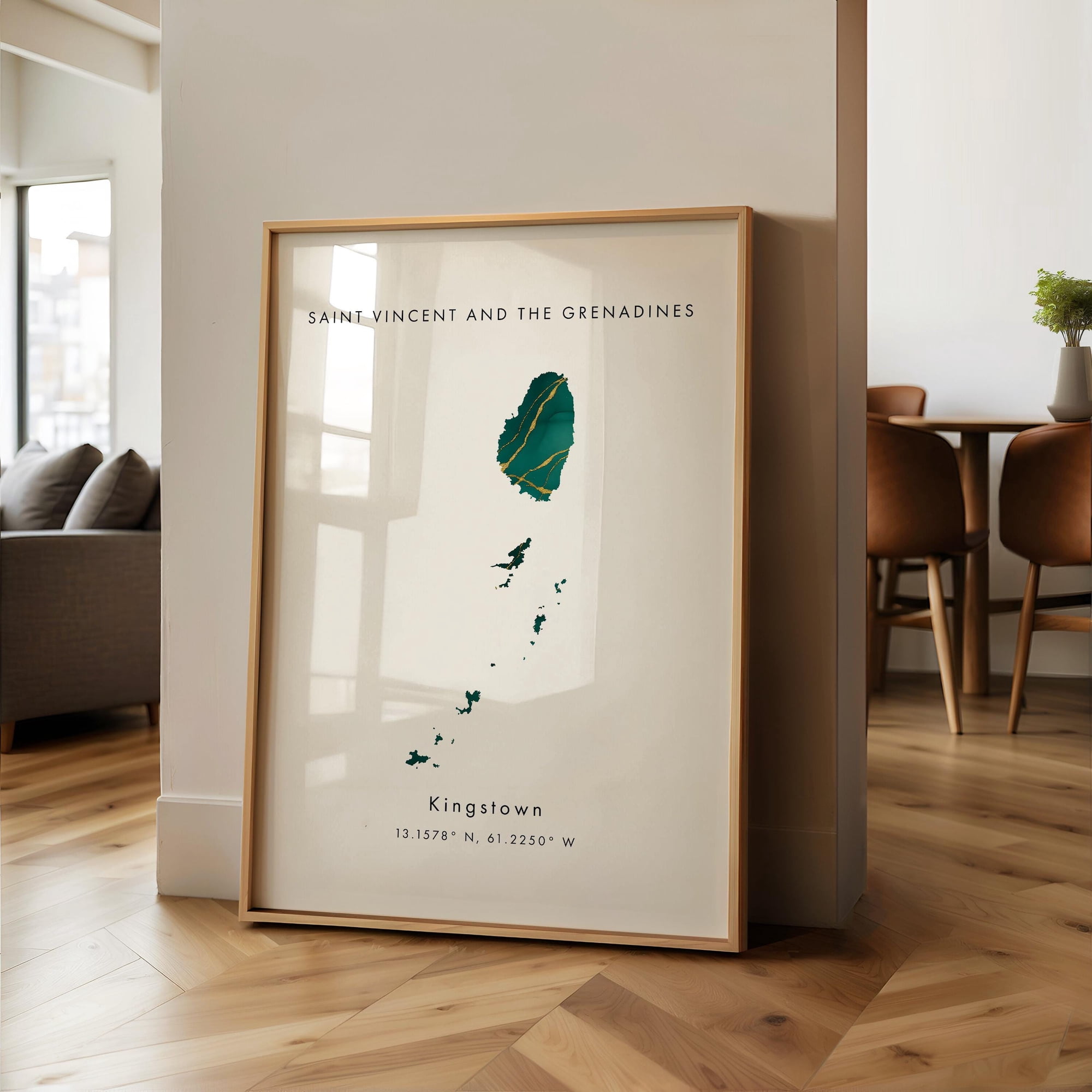 Saint Vincent and the Grenadines Map PRINTED Poster Green and Gold North America Wall Art Print Home Decor Geography Map Gift