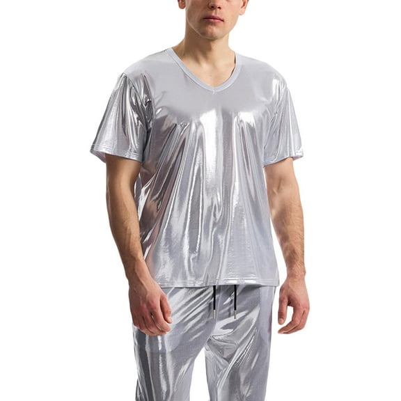 Plebaso Mens Shiny T Shirts V Neck Short Sleeve Stylish T-Shirts Dance Wear Tee Tops for Nightclub Party