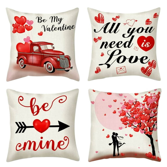 Matoen 4Pcs Valentines Day Pillow Covers 18x18 Valentine Linen Cushion Decorative Throw Pillow Covers Sofa Couch Anniversary Wedding Valentine Home Decor