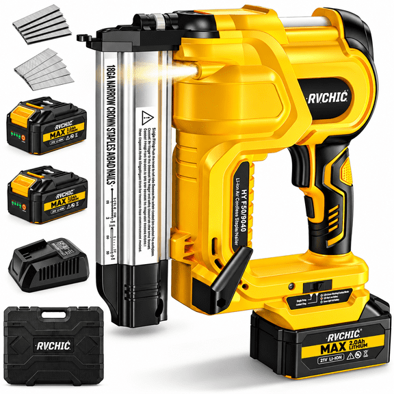 Rvchic 18GA Cordless Brad Nailer, 2-in-1 Electric Combo Kit with 2 Batteries, 1000 Nails/Staples for Upholstery, Carpentry, and Woodworking,Yellow