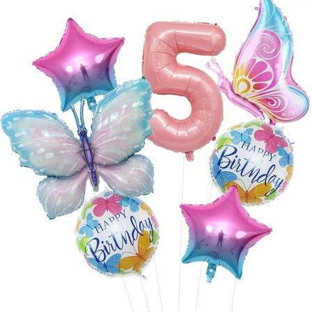 BCD-PRO Balloons Butterfly 5th Birthday Girl Decoration 7 Piece