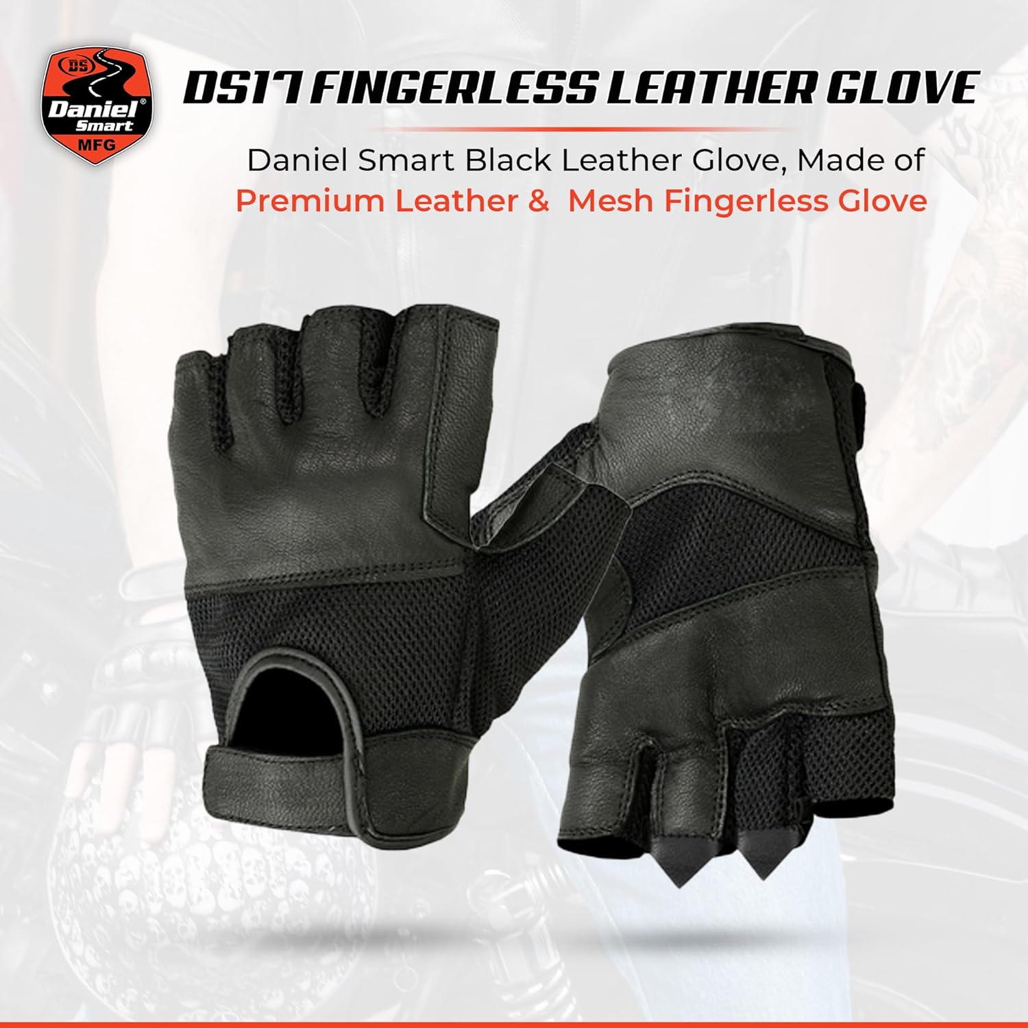 Daniel Smart Men’s Leather Gloves Fingerless Motorcycle Gloves with Gel Palm, Mesh and Synthetic Leather for Maximum Airflow