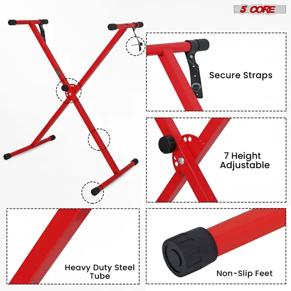 Red Metal Keyboard Stand X Shape Adjustable Foldable Portable with Locking Strap for Electronic Keyboards